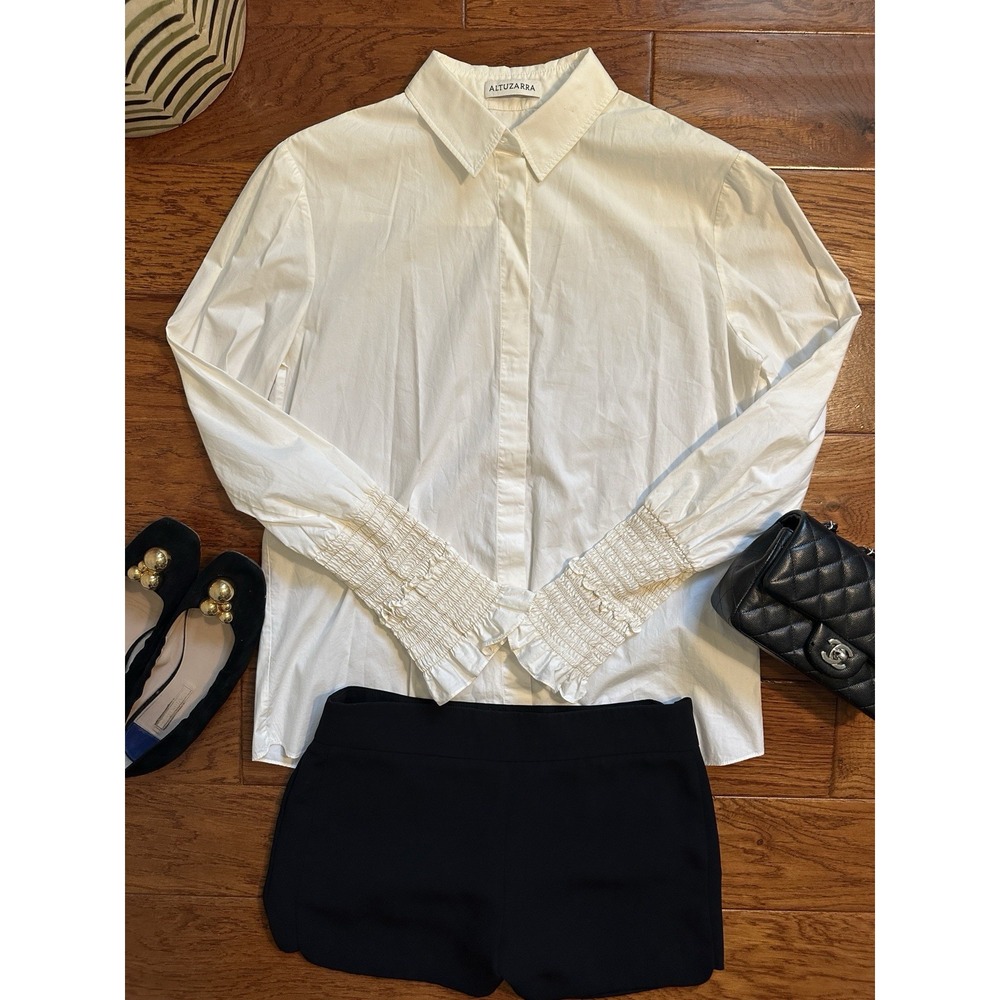 ALTUZARRA White Poplin Cotton Button Front Shirt Smocked Ruffle Cuffs Top Sz 42